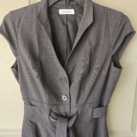 Calvin Klein Dress Sz S Gray Button Down Tie Waist Belted Midi Sleeveless - Picture 4 of 12